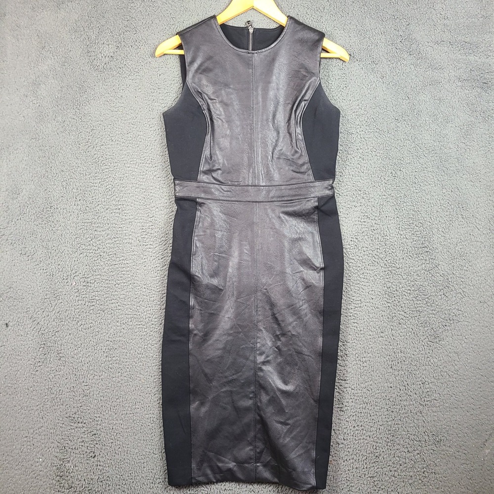 Spanx Leather-Like Combo Sheath Dress Black Sleeveless Ponte Panel Midi Small